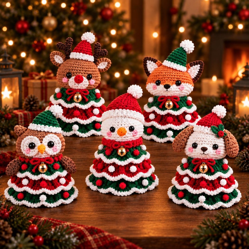Crochet Christmas Tree Doll, Reindeer Fox Owl Snowman Puppy, Handmade Holiday Decor, Amigurumi Christmas Gift