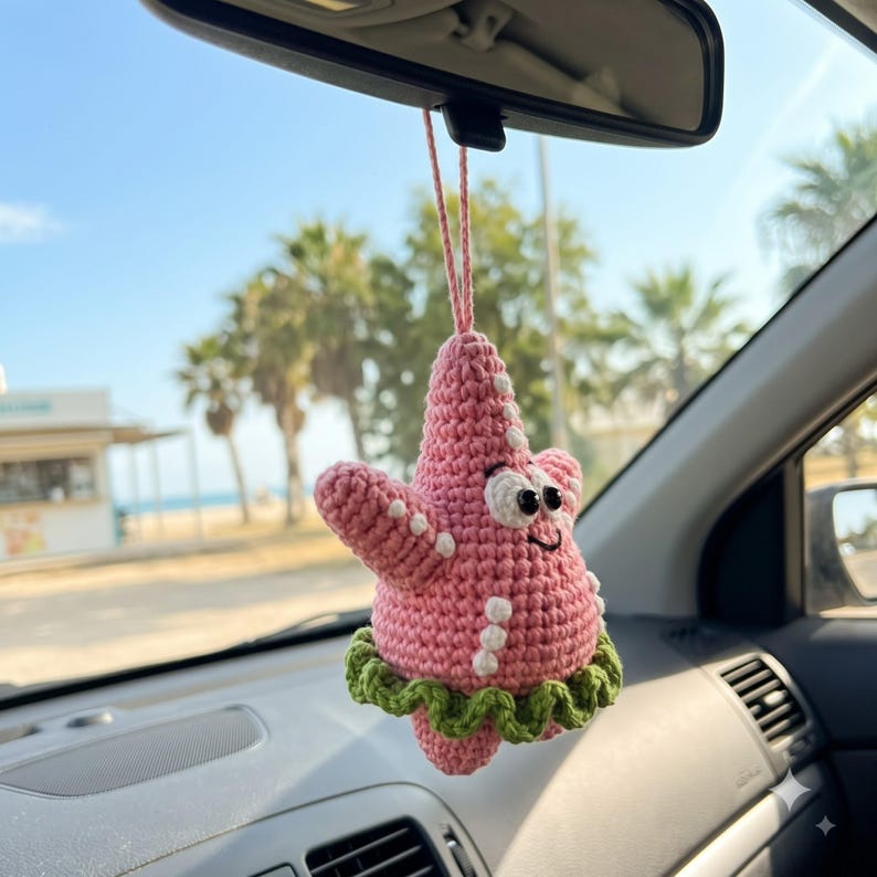 Crochet Patrick Star Car Mirror Charm | SpongeBob Kawaii Car Accessory Gift