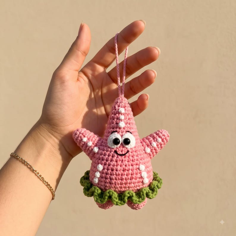 Crochet Patrick Star Car Mirror Charm | SpongeBob Kawaii Car Accessory Gift
