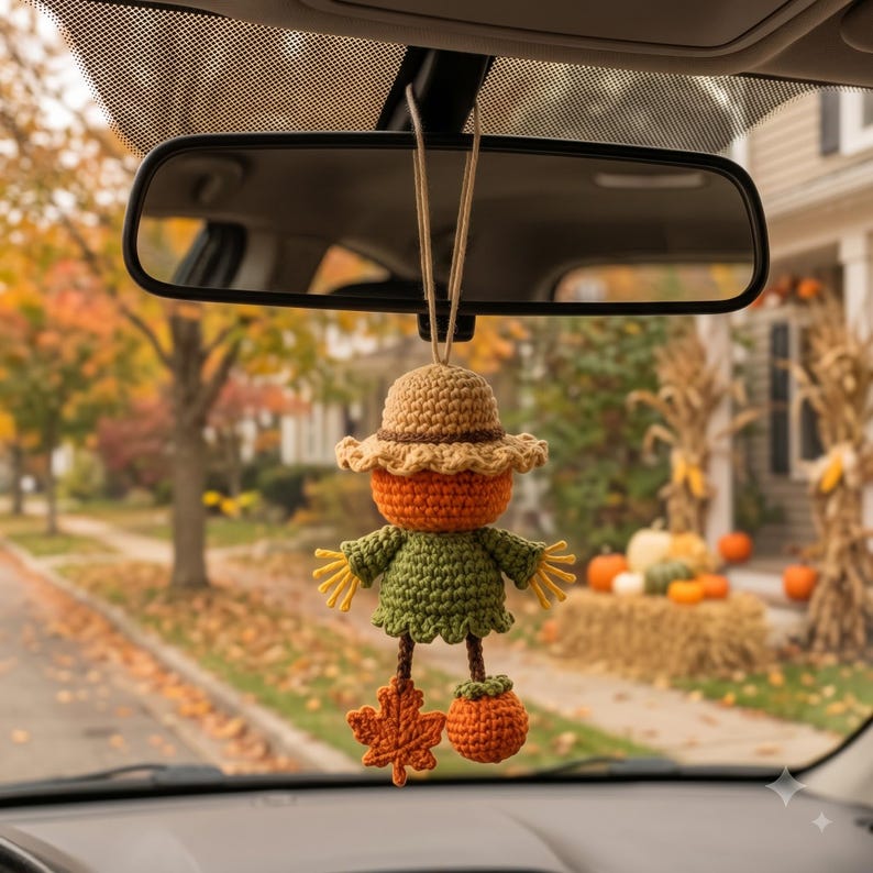 Crochet Halloween Car Charm | Jack-o-Lantern Scarecrow Rear View Mirror Ornament