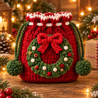 Crochet Christmas Drawstring Bag, Handmade Holiday Gift Pouch, Penguin Wreath Snowflake Candy Cane Bell Decor