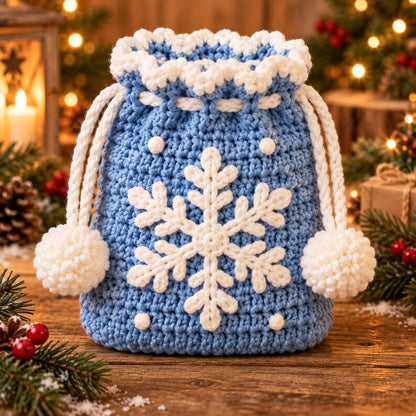 Crochet Christmas Drawstring Bag, Handmade Holiday Gift Pouch, Penguin Wreath Snowflake Candy Cane Bell Decor