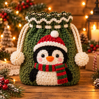 Crochet Christmas Drawstring Bag, Handmade Holiday Gift Pouch, Penguin Wreath Snowflake Candy Cane Bell Decor