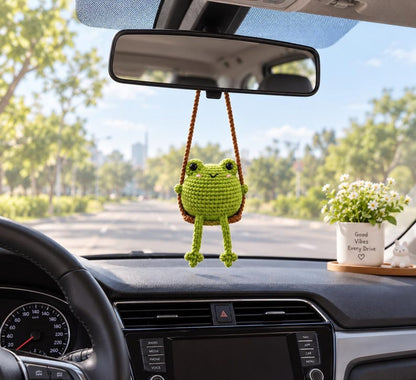 Cute Swinging Frog Car Mirror Hanging Accessories, Crochet Frog Ornaments, New Car Gift Idea, Gift For Her, Car Decorations, Frog Car Charm