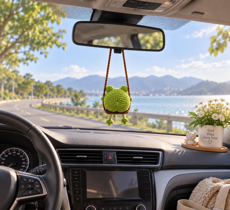 Cute Swinging Frog Car Mirror Hanging Accessories, Crochet Frog Ornaments, New Car Gift Idea, Gift For Her, Car Decorations, Frog Car Charm