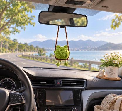 Cute Swinging Frog Car Mirror Hanging Accessories, Crochet Frog Ornaments, New Car Gift Idea, Gift For Her, Car Decorations, Frog Car Charm