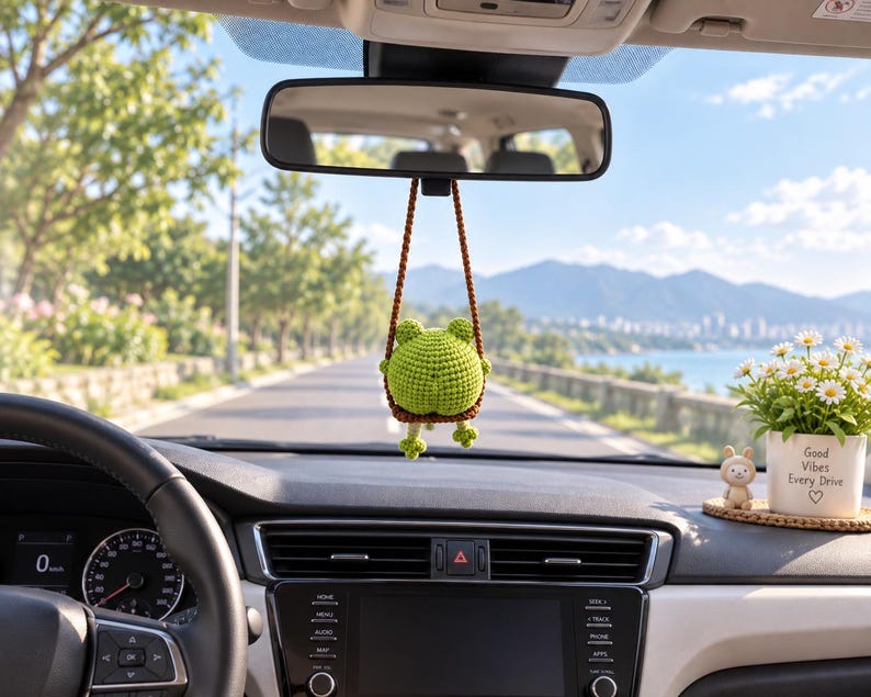 Cute Swinging Frog Car Mirror Hanging Accessories, Crochet Frog Ornaments, New Car Gift Idea, Gift For Her, Car Decorations, Frog Car Charm