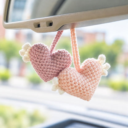 Set of 2 Crochet Heart Wing Car Mirror Charms, Pink and Purple Rear View Hanging Decor