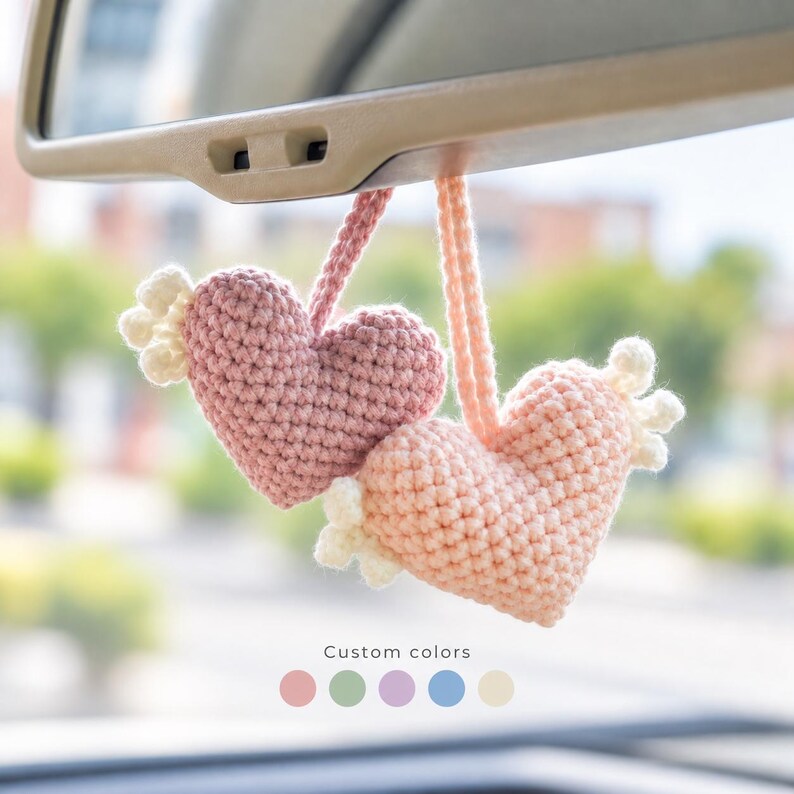 Set of 2 Crochet Heart Wing Car Mirror Charms, Pink and Purple Rear View Hanging Decor