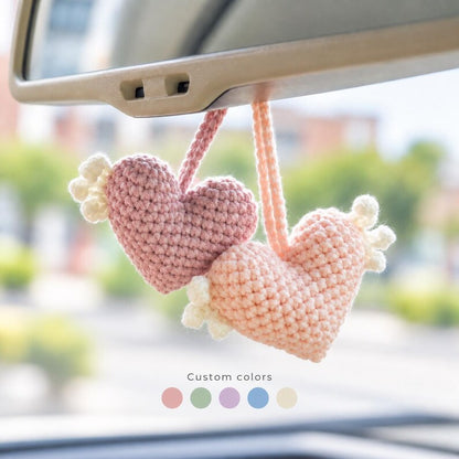 Set of 2 Crochet Heart Wing Car Mirror Charms, Pink and Purple Rear View Hanging Decor