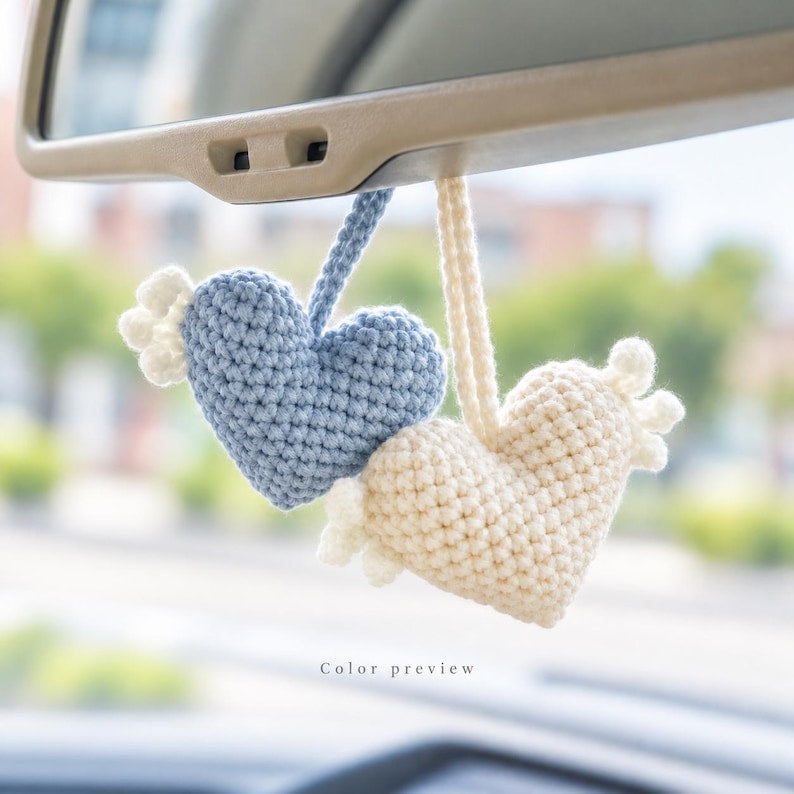 Set of 2 Crochet Heart Wing Car Mirror Charms, Pink and Purple Rear View Hanging Decor