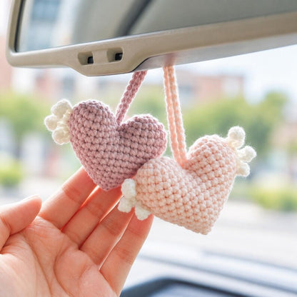 Set of 2 Crochet Heart Wing Car Mirror Charms, Pink and Purple Rear View Hanging Decor
