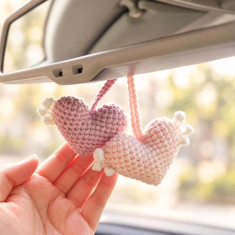 Set of 2 Crochet Heart Wing Car Mirror Charms, Pink and Purple Rear View Hanging Decor