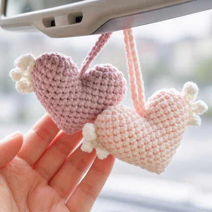 Set of 2 Crochet Heart Wing Car Mirror Charms, Pink and Purple Rear View Hanging Decor