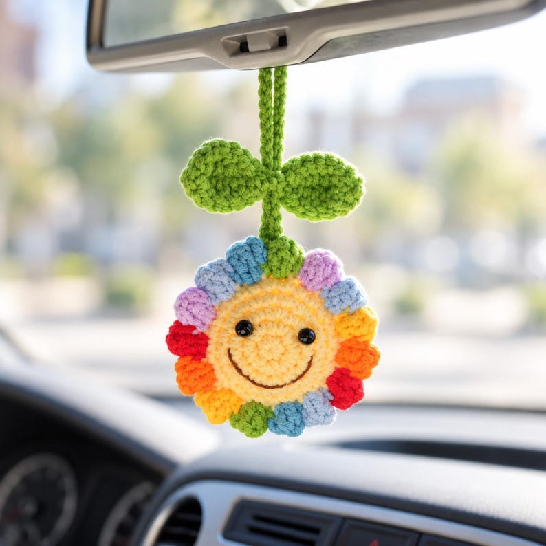 Smiley Crochet Sunflower Rear View Mirror Charm, Car Mirror Hanging Ornament, Cute Boho Car Decor, Women/Teen Driver Gift
