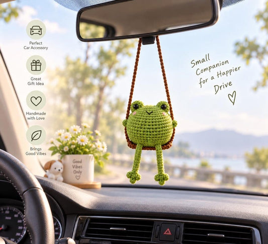 Cute Swinging Frog Car Mirror Hanging Accessories, Crochet Frog Ornaments, New Car Gift Idea, Gift For Her, Car Decorations, Frog Car Charm