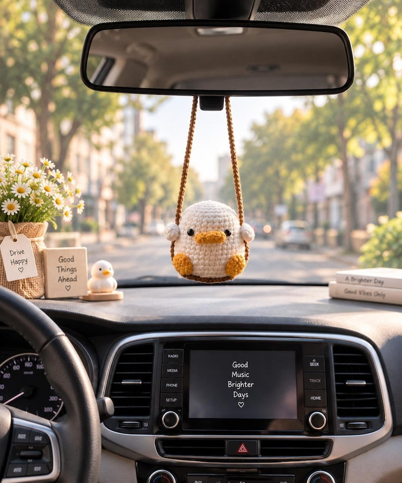 Cute Swinging Duck Car Mirror Hanging Accessories, Crochet Duckling Ornaments, Car Decorations, Car Charm, New Car Gift Idea, Gift For Her