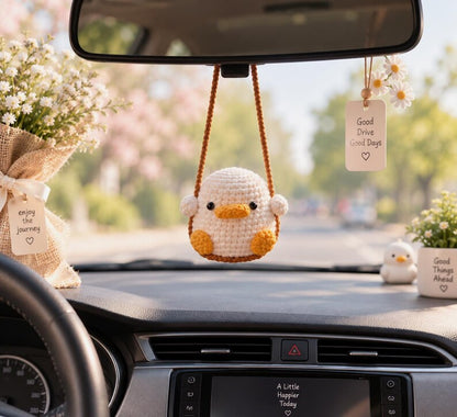 Cute Swinging Duck Car Mirror Hanging Accessories, Crochet Duckling Ornaments, Car Decorations, Car Charm, New Car Gift Idea, Gift For Her
