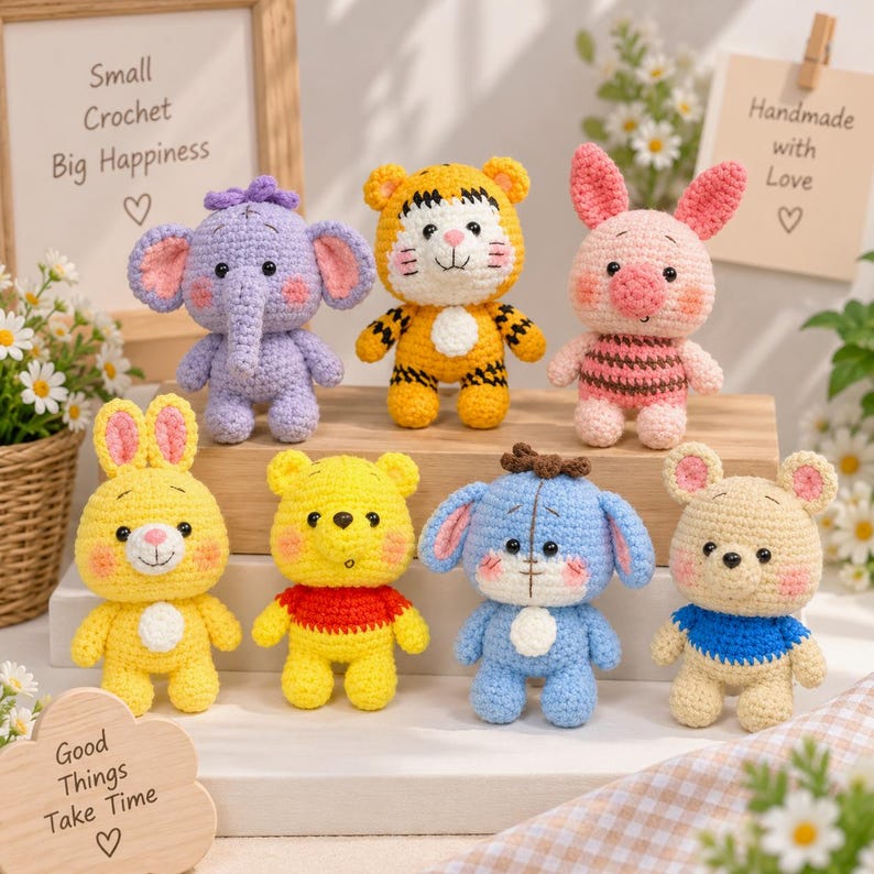 Crochet Winnie Pooh And Friends Set, Cute Animal Crochet Dolls Set – Kawaii Amigurumi Animals – Handmade Mini Plush Toys – Gift Set