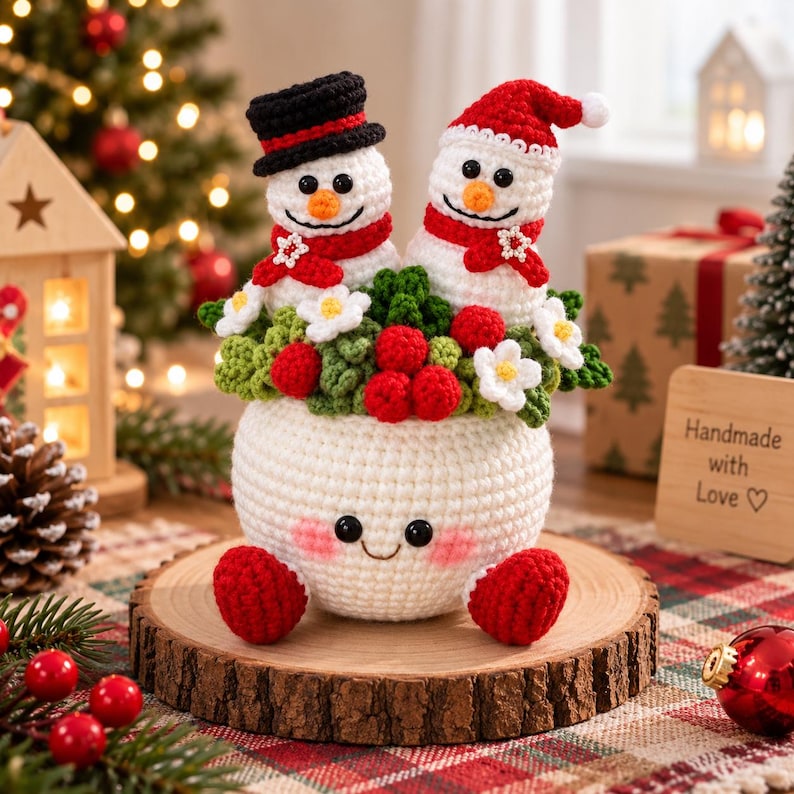Crochet Christmas Flower Pot, Handmade Holiday Decor, Christmas Tree Snowman Bells Berry Planter, Cute Winter Home Gift