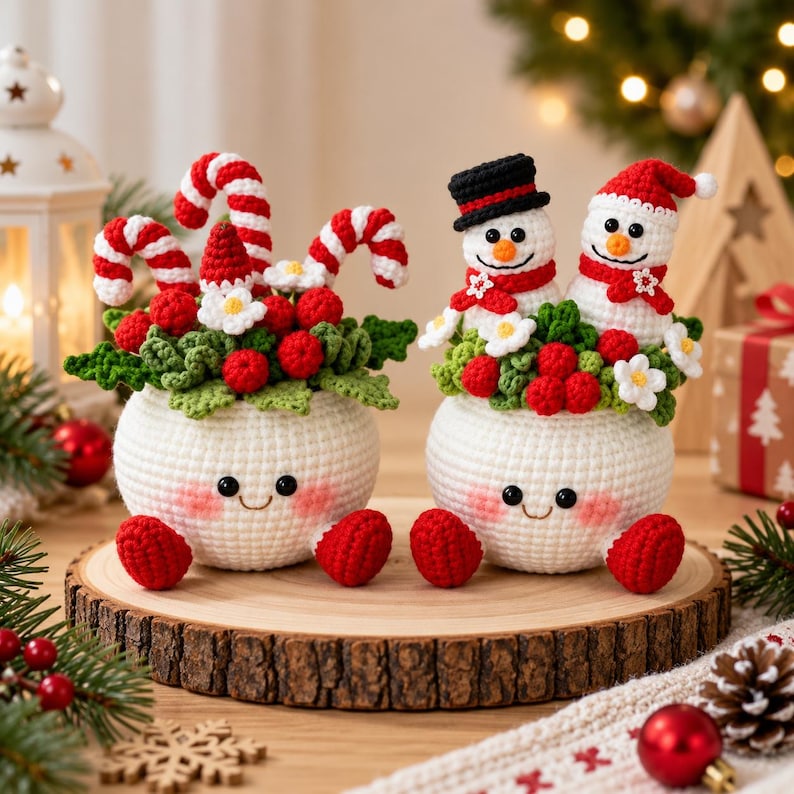 Crochet Christmas Flower Pot, Handmade Holiday Decor, Christmas Tree Snowman Bells Berry Planter, Cute Winter Home Gift