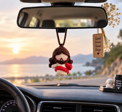 Crochet Jesus Car Charm, Handmade Christian Gift, Rearview Mirror Hanging Ornament, Faith Car Decor, Religious Gift