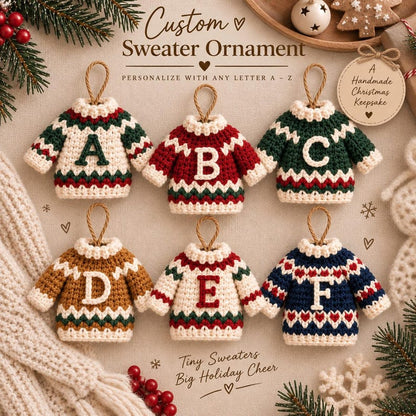 Personalized Christmas Sweater Ornament, Crochet Initial Ornament, Mini Sweater Christmas Decor, Custom Family Ornament, Handmade Gift