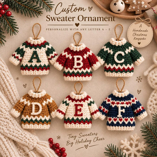 Personalized Christmas Sweater Ornament, Crochet Initial Ornament, Mini Sweater Christmas Decor, Custom Family Ornament, Handmade Gift
