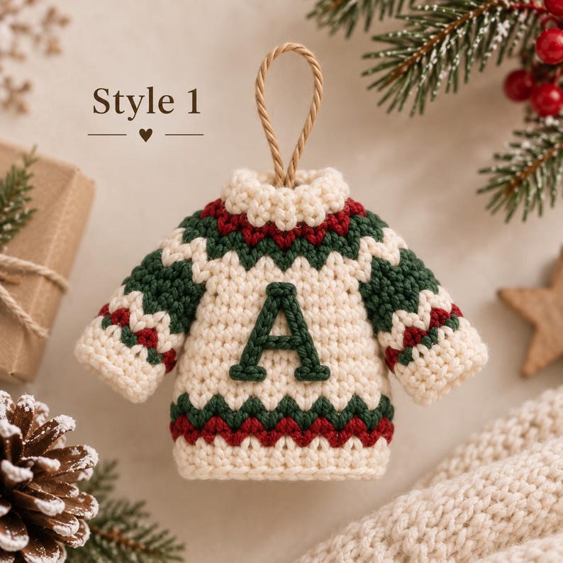 Personalized Christmas Sweater Ornament, Crochet Initial Ornament, Mini Sweater Christmas Decor, Custom Family Ornament, Handmade Gift