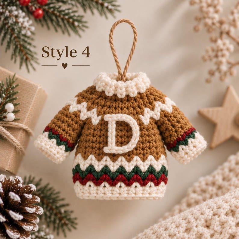Personalized Christmas Sweater Ornament, Crochet Initial Ornament, Mini Sweater Christmas Decor, Custom Family Ornament, Handmade Gift