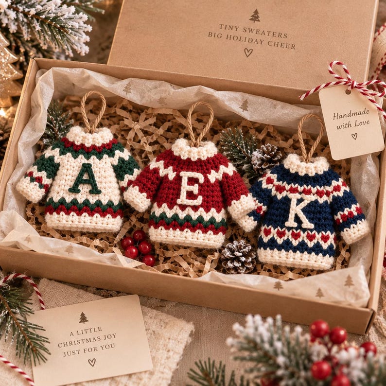 Personalized Christmas Sweater Ornament, Crochet Initial Ornament, Mini Sweater Christmas Decor, Custom Family Ornament, Handmade Gift