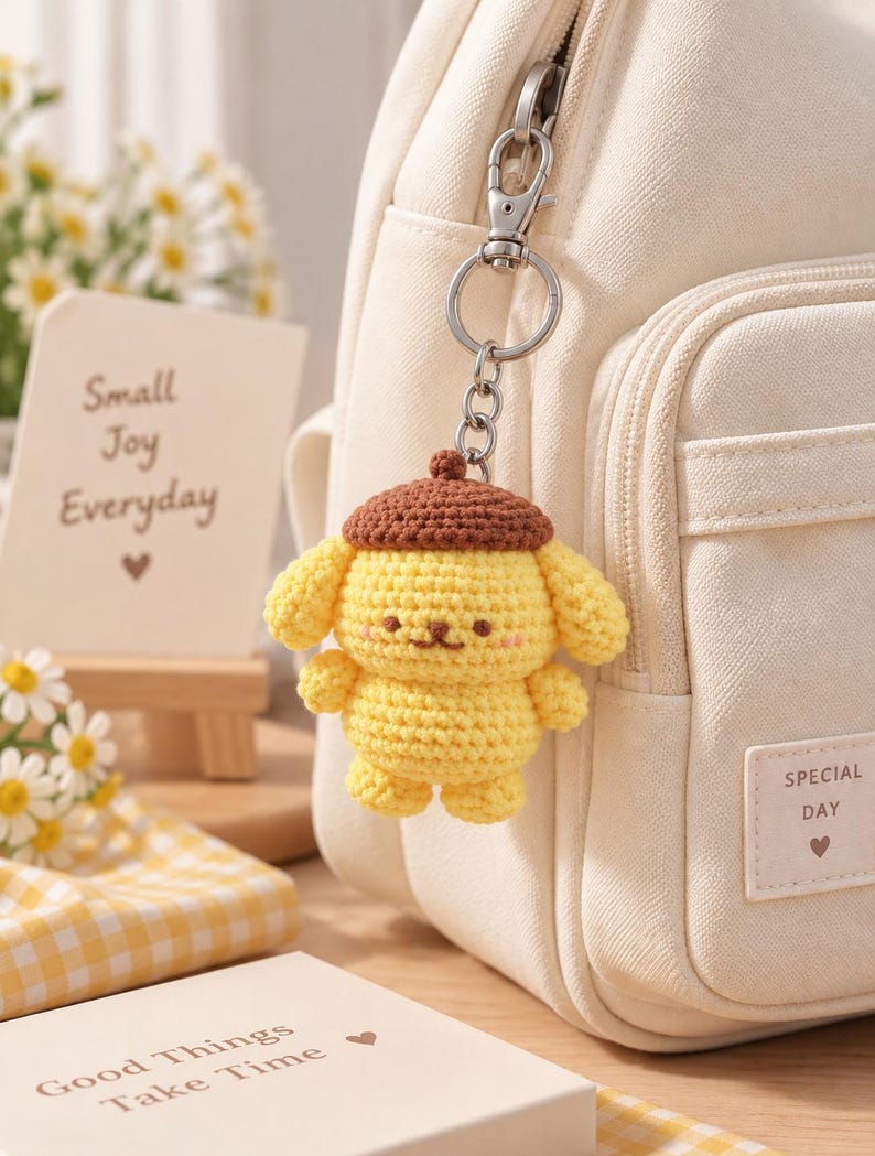 Cute Crochet Pompompurin Keychain, Amigurumi Dog Charm, Kawaii Pudding Puppy Keyring, Handmade Bag Charm, Cute Gift Idea, Crochet Bag Charm