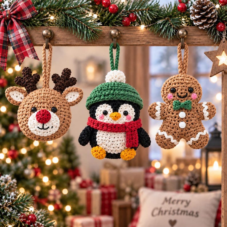 Crochet Christmas Ornament, Handmade Xmas Tree Decor, Santa Penguin Reindeer Gingerbread Stocking, Holiday Gift, Christmas Decor