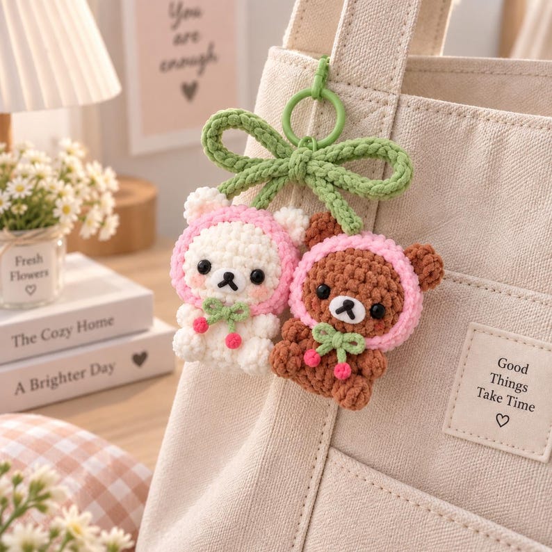 Cute Crochet Bear Keychain, Handmade Amigurumi Bear Bag Charm, Kawaii Teddy Keyring, Gift for Her, Cute Backpack Charm