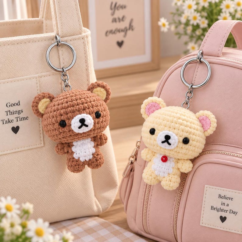 Cute Crochet Bear Keychain, Handmade Amigurumi Bear Bag Charm, Kawaii Teddy Keyring, Gift for Her, Cute Backpack Charm