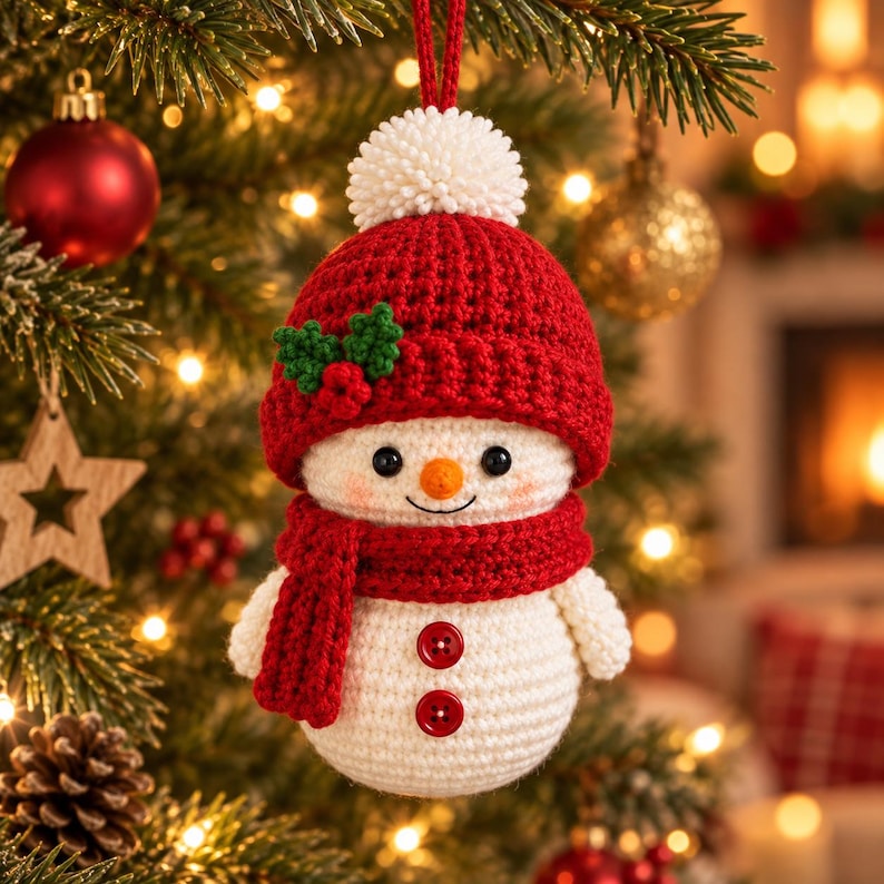 Handmade Snowman Ornament | Crochet Christmas Tree Decor | Stocking Stuffer and Winter Gift