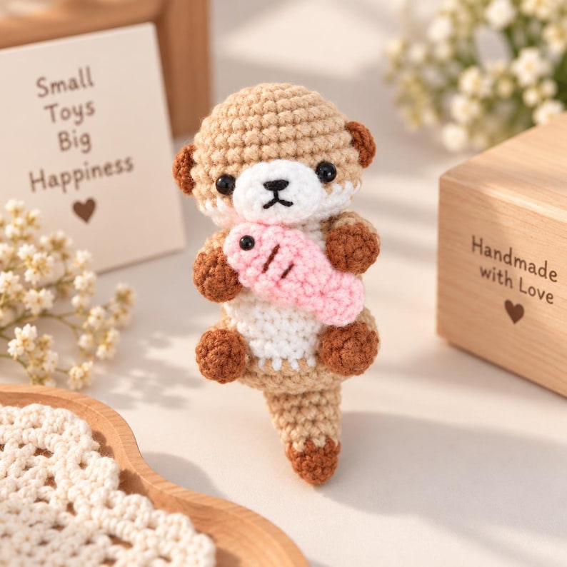 Crochet Otter Plushie with Fish – Handmade Amigurumi Otter Keychain, Cute Sea Animal Gift, Otter Couple Toy Charm, Crochet Keychain, Gift