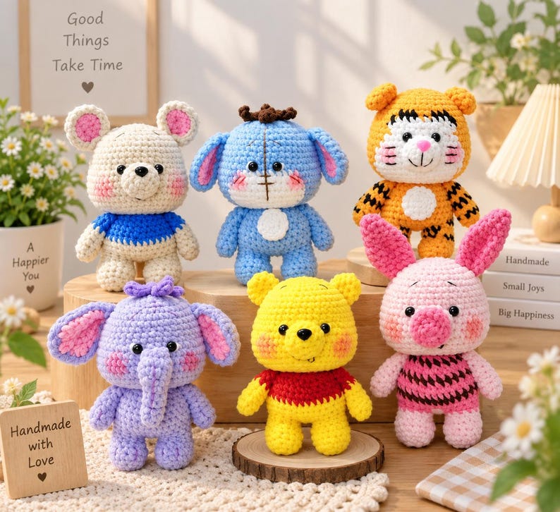 Crochet Winnie Pooh And Friends Set, Cute Animal Crochet Dolls Set – Kawaii Amigurumi Animals – Handmade Mini Plush Toys – Gift Set