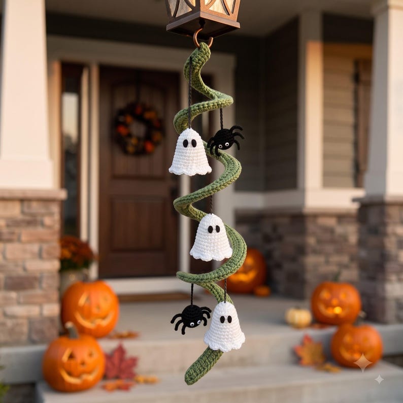 Halloween Crochet Garland, Ghost Spider Spiral Hanging Decor, Handmade Fall Wall Decoration