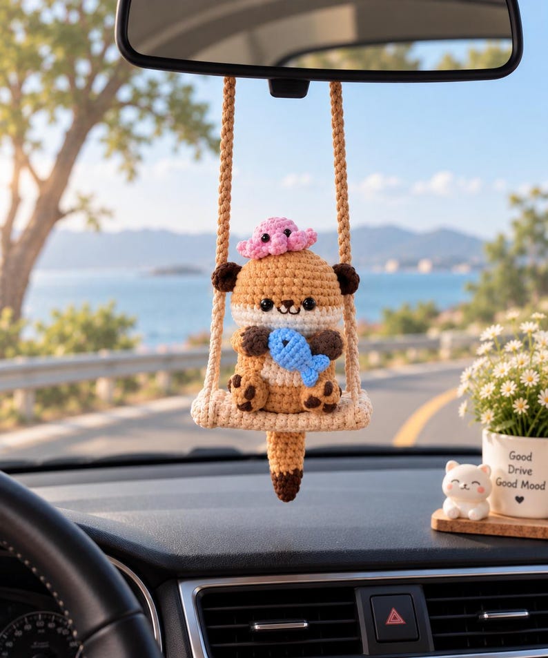 Cute Crochet Otter Car Hanging Ornament, Amigurumi Otter with Fish, Kawaii Car Charm, Handmade Rearview Mirror Accessory, Mother's Day Gift
