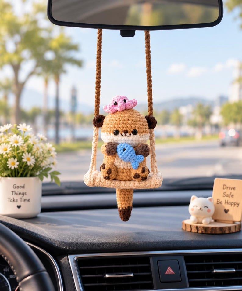 Cute Crochet Otter Car Hanging Ornament, Amigurumi Otter with Fish, Kawaii Car Charm, Handmade Rearview Mirror Accessory, Mother's Day Gift