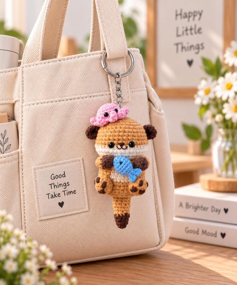 Cute Crochet Otter Car Hanging Ornament, Amigurumi Otter with Fish, Kawaii Car Charm, Handmade Rearview Mirror Accessory, Mother's Day Gift