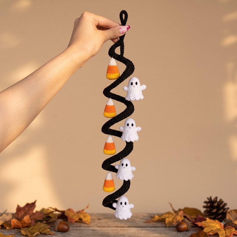Crochet Spiral Hanging Garland, Halloween Ghost and Candy Corn Decor