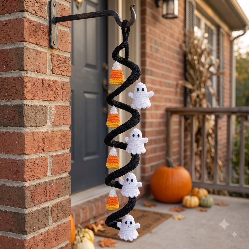 Crochet Spiral Hanging Garland, Halloween Ghost and Candy Corn Decor