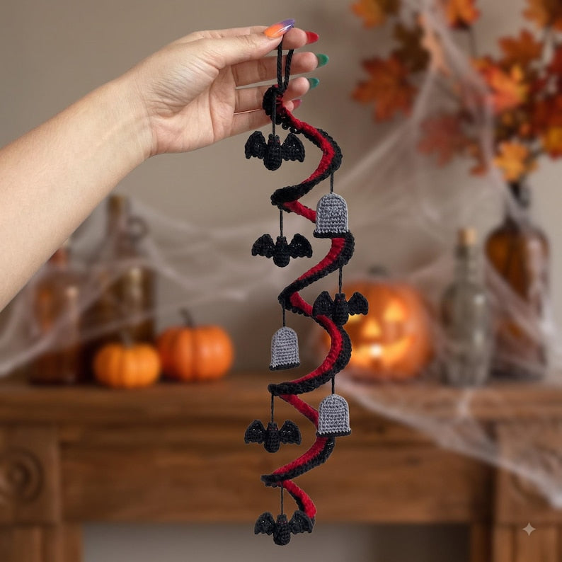 Crochet Spiral Halloween Garland, Red Black Bat Ghost Hanging Decor