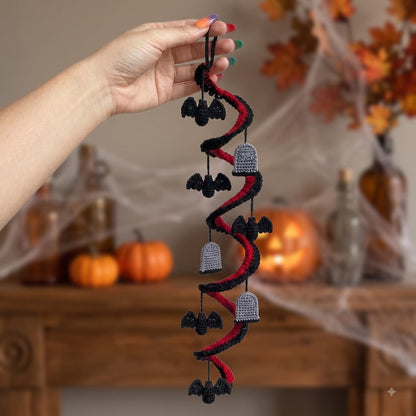 Crochet Spiral Halloween Garland, Red Black Bat Ghost Hanging Decor