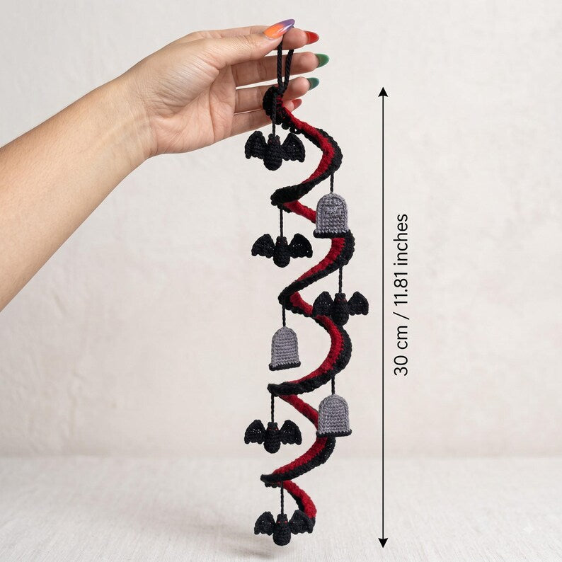 Crochet Spiral Halloween Garland, Red Black Bat Ghost Hanging Decor