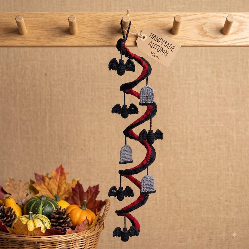 Crochet Spiral Halloween Garland, Red Black Bat Ghost Hanging Decor