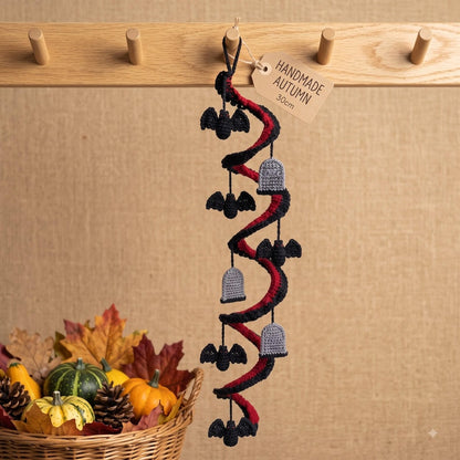 Crochet Spiral Halloween Garland, Red Black Bat Ghost Hanging Decor