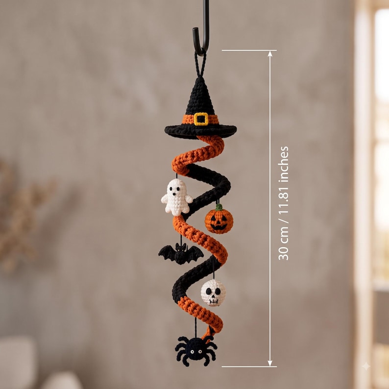 Crochet Spiral Halloween Garland, Witch Hat Ghost Bat Pumpkin Decor